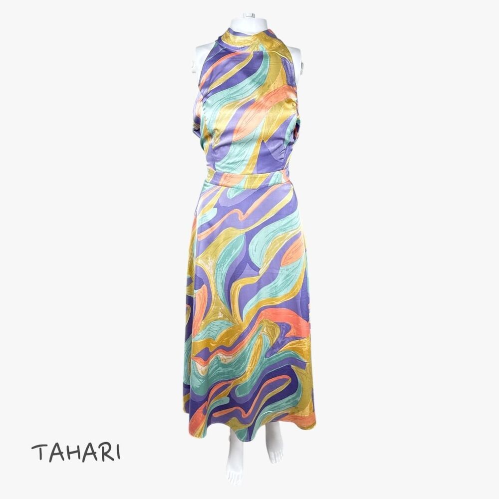 Tahari ASL Sleeveless Halter Midi Dress in Multi Printed Pattern Size M (8-10)